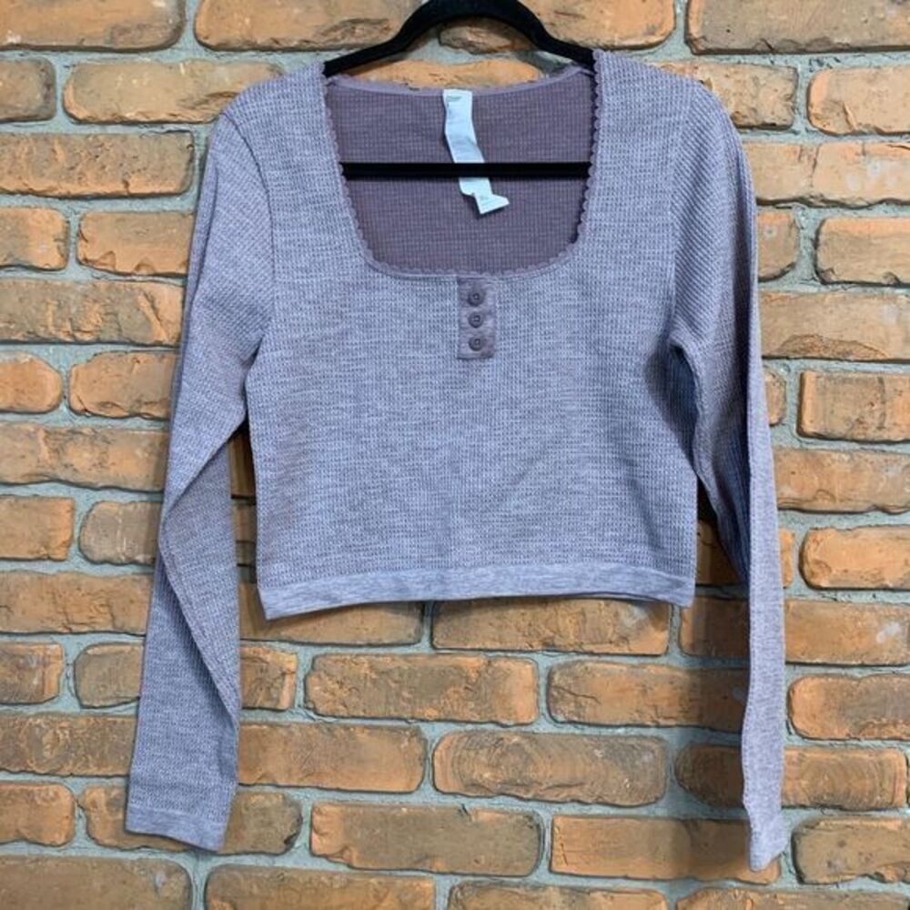 Fabletics Womens XL Mauve Waffle Henley Cropped Long Sleeve Top LS2253733